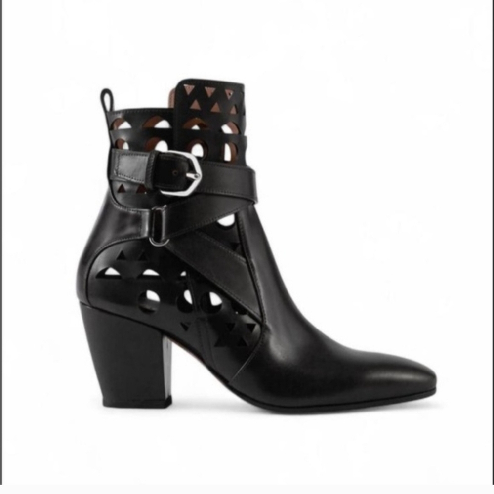 ALAÏA Ziggy Laser-Cut Calfskin Noir Leather Ankle Boots